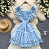Estilo Suave Elegante Vestido Ropa de Mujer Verano Estilo Francés Encaje Pesado Bordado Cintura Ceñida Aspecto Delgado Vestido de Manga Acampanada