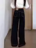 Jeans preto retro de perna larga para mulheres, estilo fino de verão, novo modelo 2026, cintura alta, elástico, modelador, calça reta que não gruda no corpo