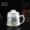 Juego de tres tazas de porcelana blanca, taza de oficina para beber té, separación de té y agua con tapa, juego de regalo para preparar té
