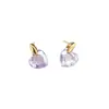 Elegantes aretes de cristal en forma de corazón, transparentes como el hielo, en dos tonos morado claro y transparente, aretes de botón de diseño de nicho simples y elegantes para mujer