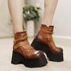 Botas Clásicas de Cuero Genuino de Suela Gruesa para Mujer, Retro Otoño e Invierno Nuevo Retro Tacón de Cuña Punta Redonda Velcro 10cm Botines