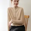 Cardigan de Cashmere Feminino Estilo Outono e Inverno 100% Cashmere Puro Listrado Slim Gola Alta Meia Cor Jaqueta Suéter Tricotada