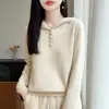 Suéter de punto con capucha para mujer, nuevo para otoño e invierno, 100% lana, de manga larga, abotonado, engrosado, corte ajustado, dobladillo acanalado
