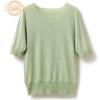 Top de suéter simple de verano para mujer color caramelo de manga corta, delgado, de cuello redondo, de lana peinada, camiseta de manga corta