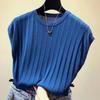 Chaleco de Punto Casual Americano de Calado a Rayas sin Mangas con un Toque Moderno y de Alta Gama, Cuello Redondo para Mujer, Transfronterizo