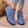 2026 Nuevas Botas de Tobillo con Cremallera Transfronteriza y Tacón Grueso Moda Estampado de Leopardo Color Talla Grande Zapatos para Mujer Botas Retro de Punta para Mujer