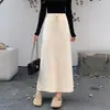 Saia Meia Malha Feminina Outono Inverno Cintura Elástica Cordão Reta Comprimento Médio Saia Casual Fenda Lápis Cinza
