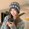 Chapéu de Lã Tricô Fair Isle Vintage para Mulheres, Aquecimento de Outono e Inverno, Gorro Pequeno Afina-Rosto com Barra Rebatida, Estilo Popular