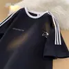 Camiseta de Manga Corta con Cuello Redondo para Hombre en Verano, Camiseta Holgada de Manga de Tres Cuartos con Tres Rayas, Camiseta de Marca de Moda con Estampado de Letras para Capas Interiores