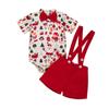 Macacão Curto com Botões Abertos e Gravata Borboleta Estilo Natal 2025 Conjunto de Duas Peças Roupa 100% Algodão Infantil