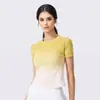 Camiseta de yoga transpirable de secado rápido y color degradado, camiseta deportiva de manga corta, corte ajustado, top de entrenamiento absorbente para mujer