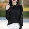 La Chapelle Camiseta Térmica para Mujer Primavera Otoño Solapa Roja Elegante Tejido Delgado que Adelgaza Tallas Grandes Ropa de Mujer Suéter Otoño Invierno