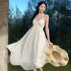 [Tejido Original] Luo Yue Hua Shen ~ Viento de Deseo Puro Espalda Descubierta Cuello Halter Falda Chifón Estampado Vestido de Playa