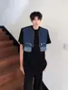 Verano Nicho Mezclilla Costura Falso Dos Piezas Chaleco Hombrera Camiseta de Manga Corta para Hombre Diseño Callejera Fresca Sentido del Diseño Gordo Guapo Camiseta de Media Manga