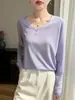 Nueva Camiseta de Manga Larga con Cuello en V para Mujer, Top Delgado, Sencillo y Versátil, Color Sólido, Holgado, Camiseta Básica de Punto Sencilla