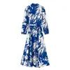 Ropa de verano para mujer estilo europeo y americano 2022 nuevo vestido midi estampado azul de manga larga 8617