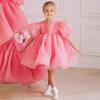 Vestido de Lino Transpirable de Princesa para Verano 2025 para Niñas con Mangas Abullonadas de Malla Vestido Abullonado Vestido de Fiesta Infantil