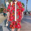 Conjunto de shorts florales estilo noreste, estilo de verano delgado, atuendo de pareja, camisa de manga corta para hombre, conjunto de dos piezas florales para actuación