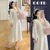 Vestido de Tricô Longo com Manga Longa Afinando Outono Inverno Novo Toque de Luxo Camada Base Longa Roupa Íntima Vestido de Lã Saia Longa Feminina
