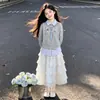 Elegante y dulce conjunto de dos piezas para niños mayores, con un top de diseño vanguardista de imitación de dos piezas combinado con una falda de encaje