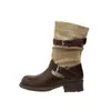 Botas de Moda con Punta Redonda, Patchwork y Tacón Grueso para Mujer 2026 Otoño/Invierno Estilo Nuevo Hebilla Versátil Estilizadoras Botines Fruncidos Botas de Jinete