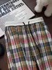 Calça casual de tricô xadrez arco-íris estilo americano para homens, calça longa de perna reta fina e solta para o verão com sensação relaxada, calça longa de perna larga
