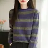 Suéter Retro de Rayas con Cuello Redondo para Mujer, Manga Larga, Otoño/Invierno, Versátil, Tacto de Alta Gama, Prenda Base de Punto, Top Casual Holgado