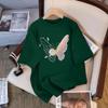 Camiseta Colorida 100% Algodão com Estampa de Borboleta Manga Curta para Mulheres 2026 Verão Nova Moda Versátil Caimento Solto Top de Meia Manga