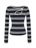 Top retro a rayas de manga larga, corte entallado, estilo francés, puro deseo, diseño elegante, camiseta adelgazante con transparencias para mujer, nueva colección de otoño