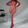 Lencería Sexy Transparente Calada de una Pieza, Estilo Europeo y Americano Ajustada de Malla Roja Transparente con Mangas Largas, Transfronterizo