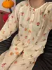 Celebridade da Internet Novo Padrão Floral de Estrelas Pijama Feminino Primavera e Outono Cardigã Gola Redonda Manga Longa Conjunto de Calça Longa Roupa de Casa