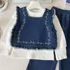 Conjunto para Niñas Otoño 2025 Nuevo Chaleco de Mezclilla Elegante Pantalones Anchos Sueltos Moda Infantil Estilo Bosque Conjunto de Tres Piezas