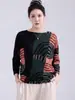 Blusa Feminina Outono 2026 com Design Único, Gola Redonda, Manga Morcego, Camisa de Tricô Pulôver Estampada, Camiseta de Manga Longa Issey Miyake