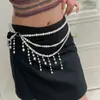 Cinto de Corrente de Cintura com Franjas de Pérolas Artificiais em Camadas Estilo Hot Girl para Mulheres, Acessório Corporal Exagerado de Palco para Vestidos