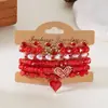 Pulseira Europeia e Americana de Dia dos Namorados com Múltiplas Camadas e Diamantes, Pingente de Coração Vermelho, Pulseira Elástica com Contas de Cerâmica Soft