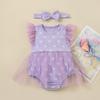 Enterizo tipo Vestido de Malla para Bebé Niña con Flores Lindas, Mangas Volantes y Juego de Accesorios para el Cabello, Enterizo de Manga Volante sin Costuras Clase A
