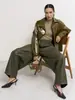 Calça Pu Lanterna Transfronteiriça Estilo Novo Outono e Inverno 2025 Europeu e Americano Cordão Preguiçoso Casual Verde Militar Calça de Pernas Largas Calça de Couro