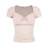 Camiseta de manga corta a rayas retorcidas de cuello cuadrado estilo retro americano UNBDNS para mujer, nuevo top corto ajustado de verano
