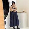 Vestido de Mezclilla con Tirantes Estilo Japonés para Mujer Estilo Literario Vintage Color Sólido Cubre Carnes Adelgazante Holgado Sin Mangas Versátil Vestido Largo para Mujer