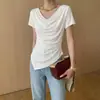 Camiseta de Verano Estilo Nuevo Lyocell Tencel Lana Cuello Oscilante Manga Corta para Mujer, Corte Ajustado, Adelgazante, Top de Color Sólido