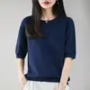 Suéter de punto para mujer, apto para el commute, no hace bolitas, algodón puro, cuello redondo, manga corta, para otoño e invierno, juvenil y elegante, top tipo camiseta de punto holgado