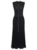 Vestido Tricô Longo de Verão Francês Transfronteiriço de Alta Qualidade, Vazado, Sem Mangas, Com Fenda, Ajustado na Cintura