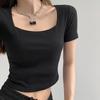 Camiseta Preta de Manga Curta para Mulheres, Corte Justo, Cintura Alta, Cropped, Top de Manga Meia-Manga Colante, Branco Novo Estilo 2026, Decote U, Decote Redondo