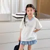 Aimobebi Vestido de Festa em Camadas Azul Leite Refrescante Estilo Coreano Menina Doce Estilo Esportivo Manga Curta Conjunto de Verão para Meninas