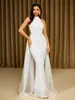 Nova moda europeia e americana branca gola halter com lantejoulas costas nuas acinturada rede fluida cauda de peixe longa vestido de noite leve de casamento