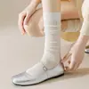 Calcetines de media pantorrilla para mujer estilo ballet, calcetines de malla transpirables absorbentes de sudor de color liso para verano, calcetines largos blancos estilo JK japonés