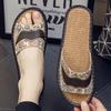Haining Verano Cuero Genuino Lino Pareja Hogar Interior Antideslizante Suela Suave Pantuflas de Piel de Vaca para Mujer Sandalias para Hombre Cuatro Estaciones