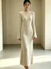 Nuevo Vestido de Punto Suave Transfronterizo de Otoño para Mujer Cuello Redondo Volante Acampanado Manga Larga Ajustado Falda de Cola de Pez