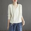 Camiseta Base Artística Retro con Cordón Ajustable Cuello en V Manga Larga para Chica Rellenita Otoño Nuevo Jersey Cubre Vientre Reductor de Edad Combinable