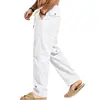 Pantalones casuales de lino para hombre de Amazon AliExpress, europeos y americanos, talla grande, corte holgado, cordón, multibolsillos, pantalones de playa, venta al por mayor para hombre